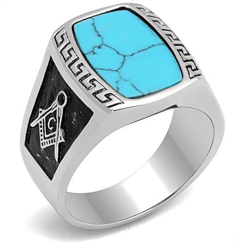 MT 4403 Men's Solid Stainless Steel Masonic Ring Turquoise (Synthetic) Newest